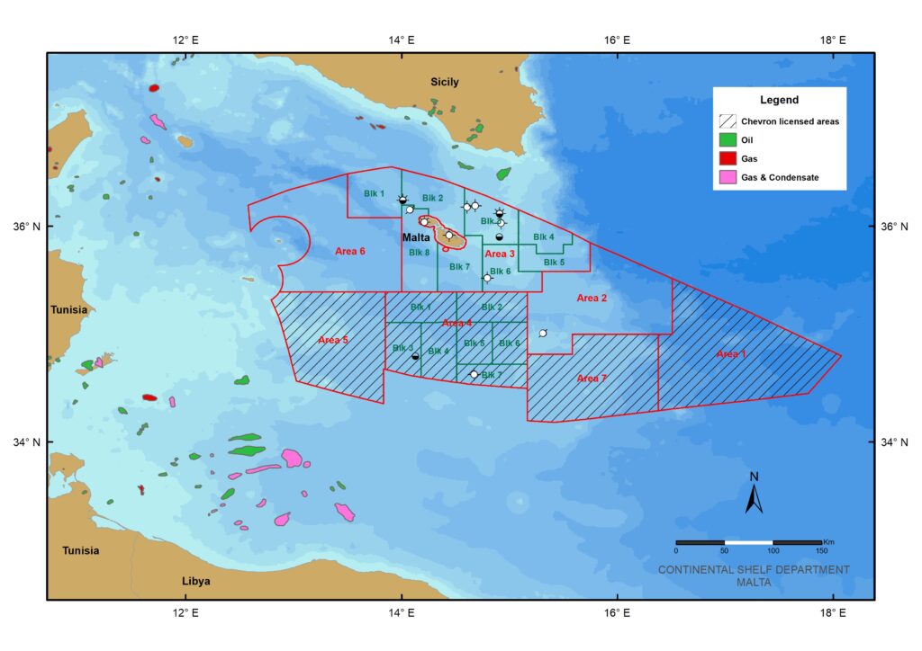 Geographical map of Malta and surrounding seas highlighting Chevron-licensed regions, oil and gas indicators, and exploration blocks.